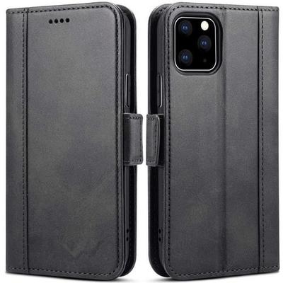 Flip Case - E.F.CONNECTION - for iPhone 11 Pro Max - Black Synthetic Leather - Tempered Glass - 360° Protection