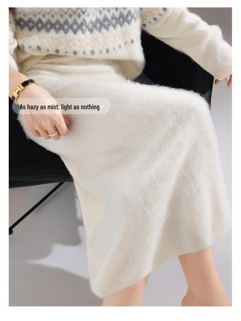 Autumn/Winter 100% Wool Solid Color Women's Slimming Midi Knitted Skirt