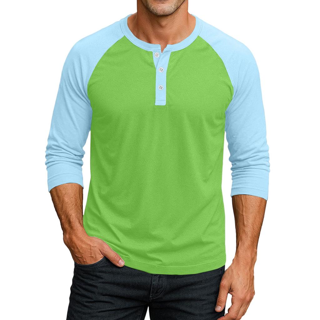 Men's Button-Down Contrast Raglan 3/4 Sleeve Top