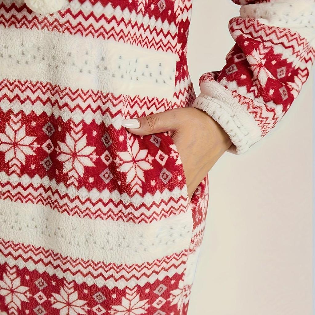 Women's Plus Size Hooded Snowflake Christmas Pajamas - Zippered, Pom-Poms, Thick, and Cozy