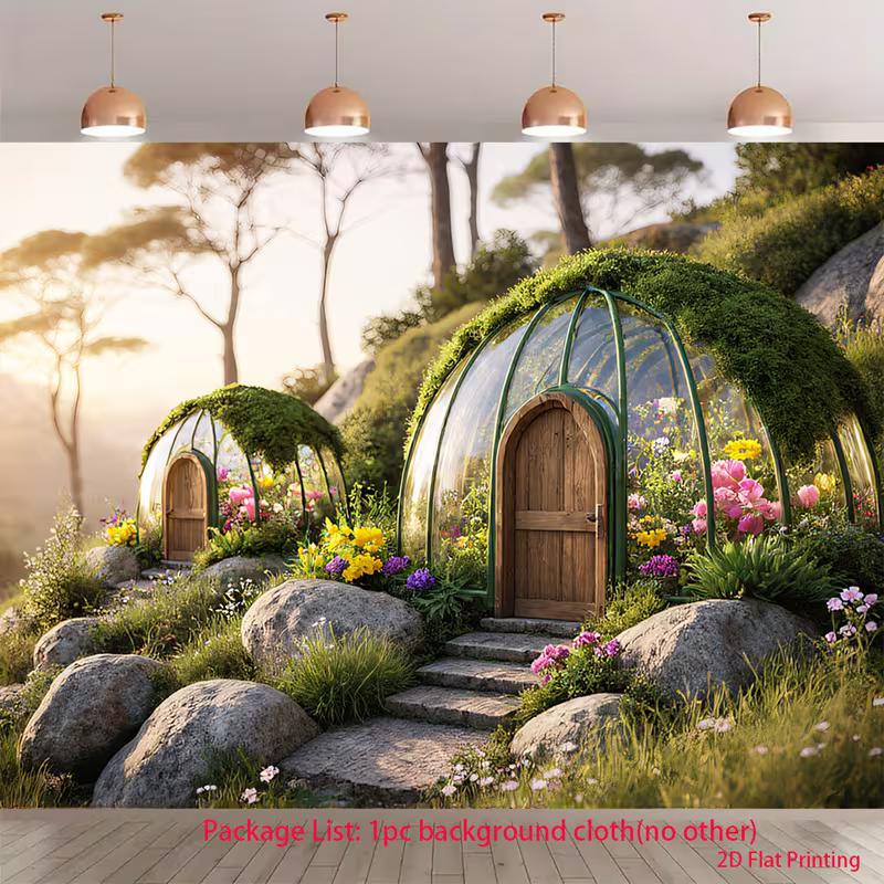 

2D Fairytale Garden Backdrop 2D Enchanted Dome Glass House Wildflowers Photo Background for Photo Booth 47.2x31.5inch/120*80cm