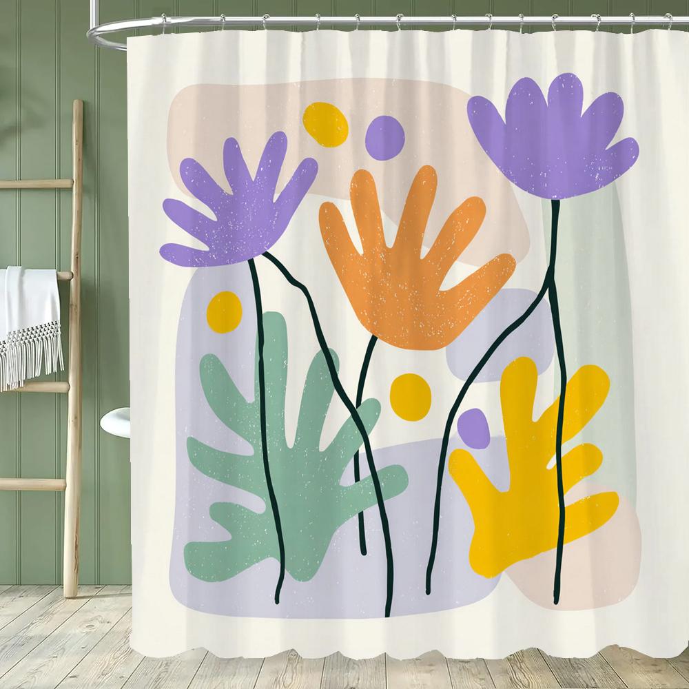 1pc Modern Minimalist Flowers Shower Curtain Floral Design Perfect Bathroom Decorative Bathroom Shower Curtain With Hooks