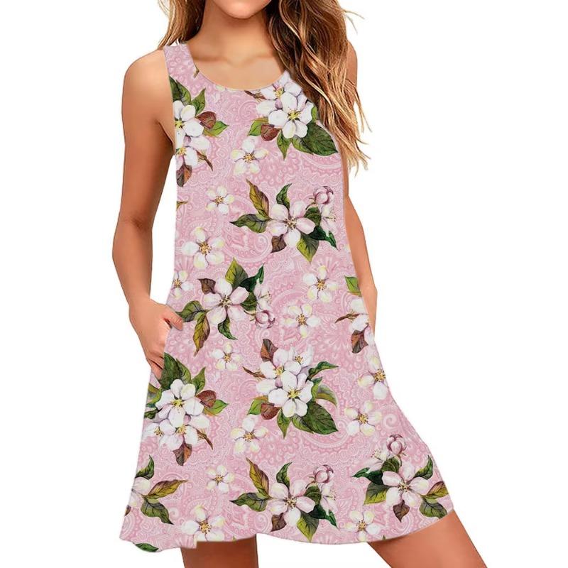 Women's Sleeveless Floral Dress Elegant All-Season Pencil Dress Pink Roses Green Foliage Pattern Dresses Woman Summer