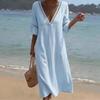 Boho vyšívaný V-výstřih Lněný plážový kaftan Bavlněné šaty pro ženy