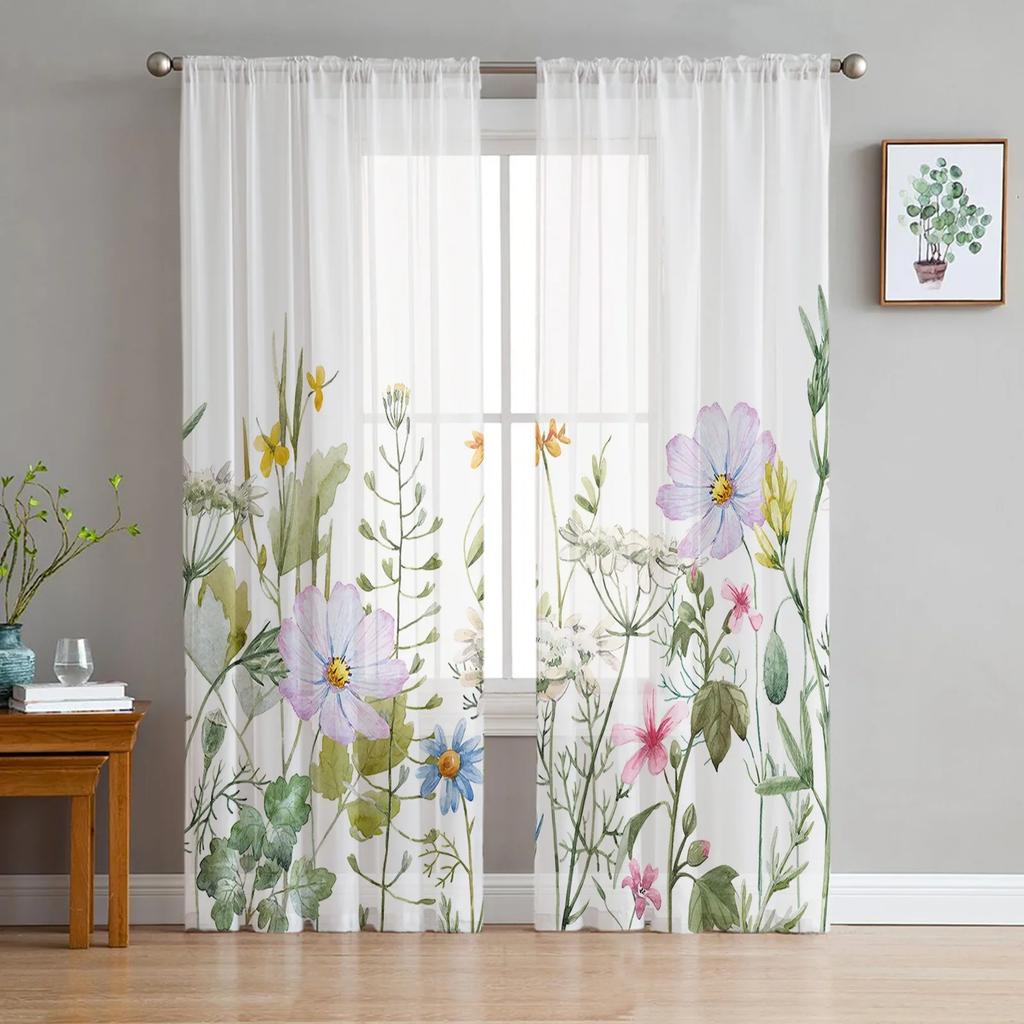 Frühlingsblumen-Vanille-Wildblumen-Vorhänge für Wohnzimmer-Dekoration, Fenstervorhang, Küche, Tüll, Voile, Organza-Vorhänge