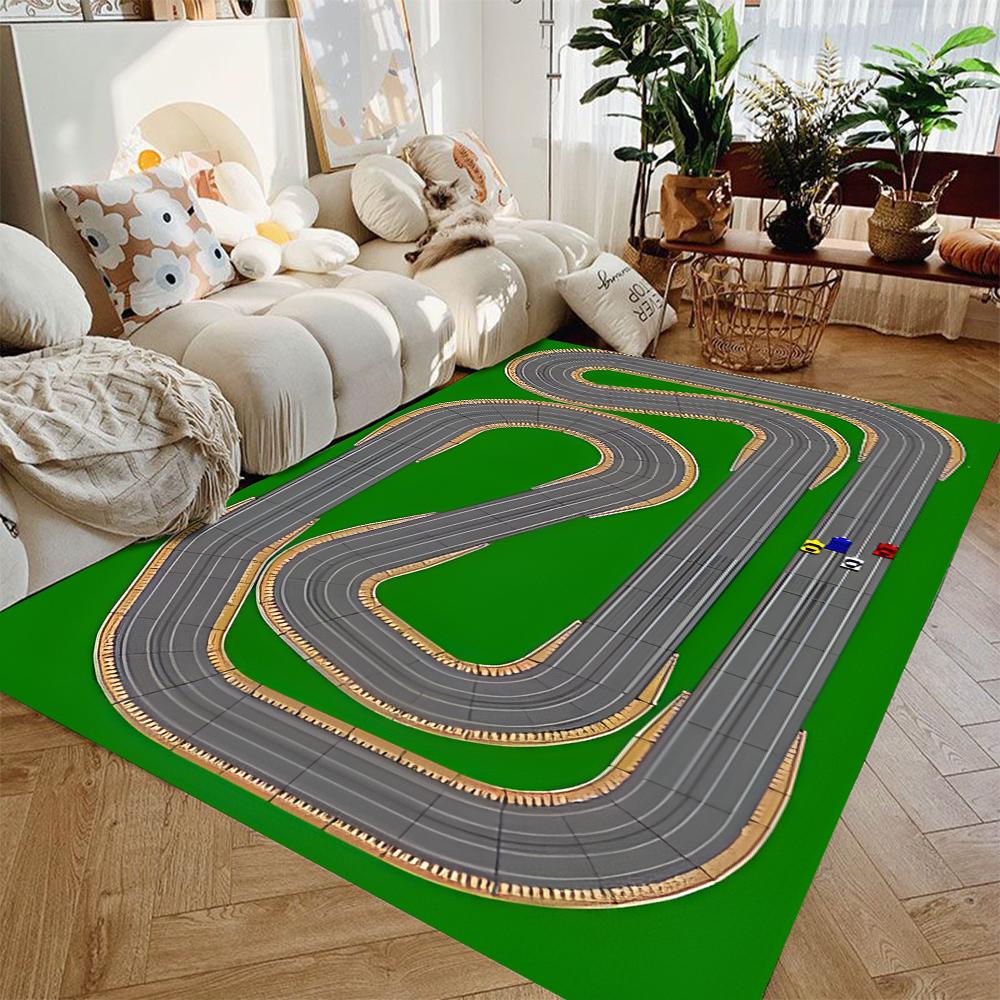 Interactive Race Track Play Rug for Kids Educational Car Play Mat Non Slip Roadway Carpet for Bedroom Playroom Game Area Decor