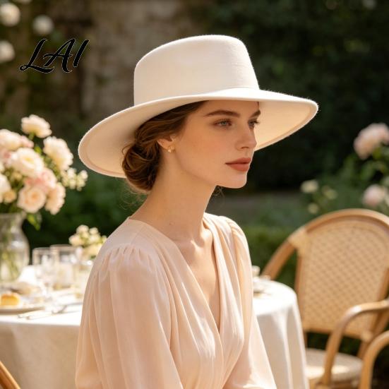 Polyester Warm Winter Cap Flat Top Fedora Hat Wool Blend Derby Cap Retro Jazz Elegant Headwear Wide Brim Felt Hat for Women Events & Daily