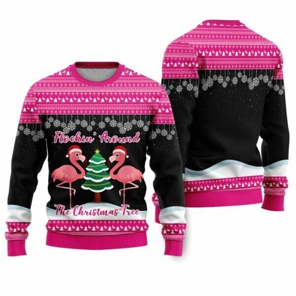 Flamingo Flocking Around The Christmas Tree Ugly Christmas Sweater BG Unisex T-Shirt XXXXL