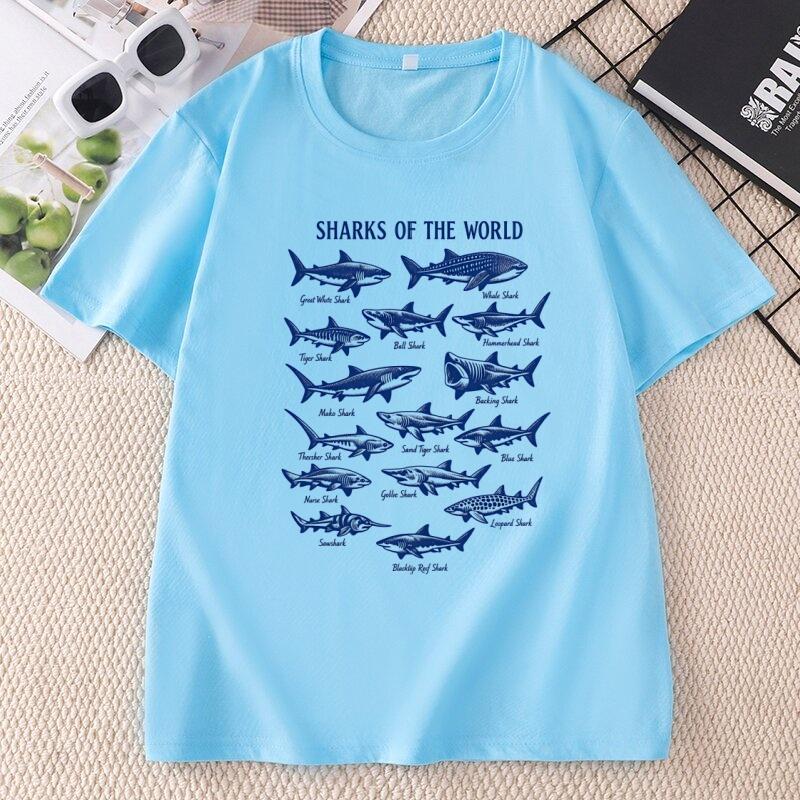 Vintage Sharks of The World T Shirt Ocean Nature Graphic Tee Cotton Short Sleeve Printed Tshirts Casual Unisex Clothes Tops