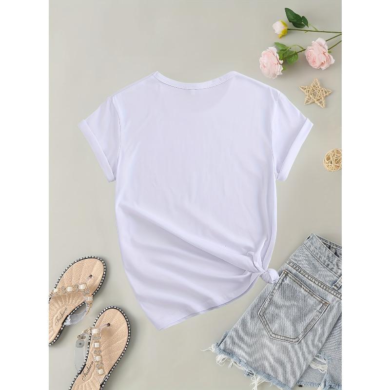 European Size Women's Casual Short Sleeve T-Shirt - Rainbow Butterfly & Cat Geometric Print, Relaxed Fit, Breathable Summer Fabric