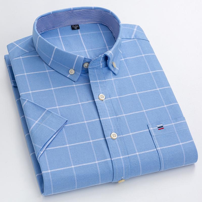 Letnie Nowe Męskie Koszule Oxford Krótki Rękaw 100% Bawełna Kratka Miękkie Regularny Krój Formalna Koszula Elegancka Koszula Społeczna Odzież Męska