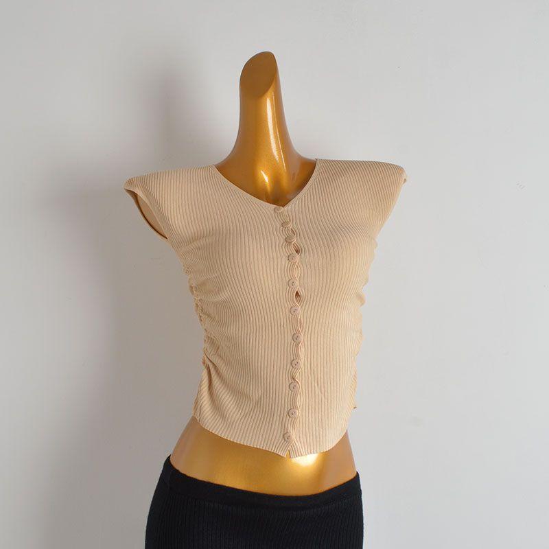 Summer Pure Color New Arrival V-neck Ruffled Sleeve Ice Silk Knitting Bottoming Cardigan Women's Clothing Fitted Waist Pleated T-shirt Tops Fashion