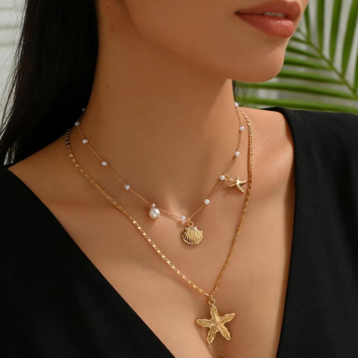 Beach Choker Necklace Shiny Pearl Choker Necklace Double Layered Necklace Bohemian For Gift For Girlfriends Party Beach Vacation золотой