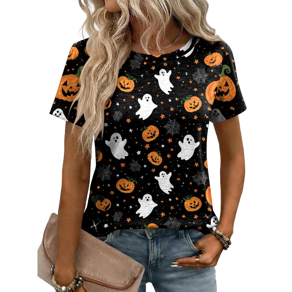 Women's Loose Fit Casual Halloween Print T-Shirt Short Sleeve Crew Neck Comfortable Top for Daily Wear and Seasonal Outfits