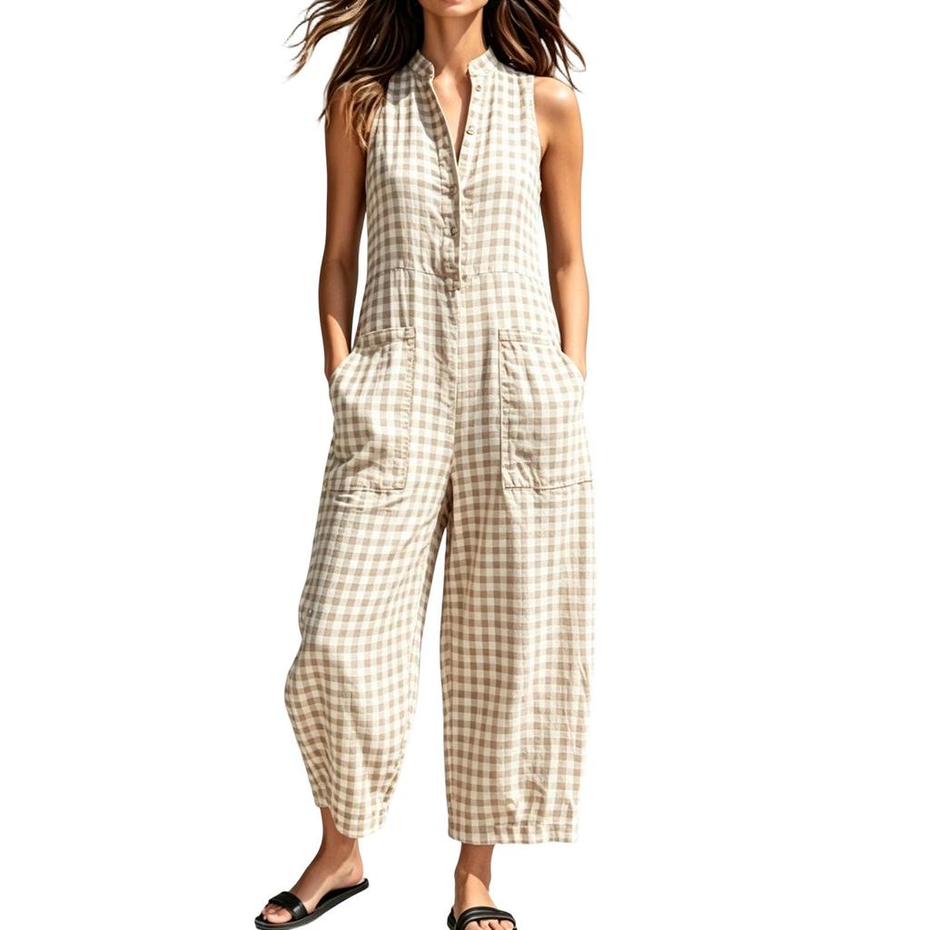 Tuta da donna senza maniche con colletto e tasche, Outfit casual estivo