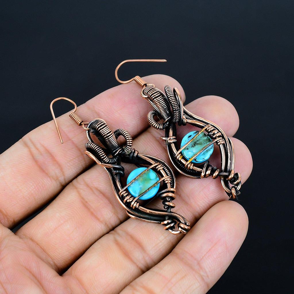 Sleeping Beauty Turquoise Earrings, 999 Copper Wire Wrap Gemstone Jewelry, Handmade Earrings, For Thanksgiving