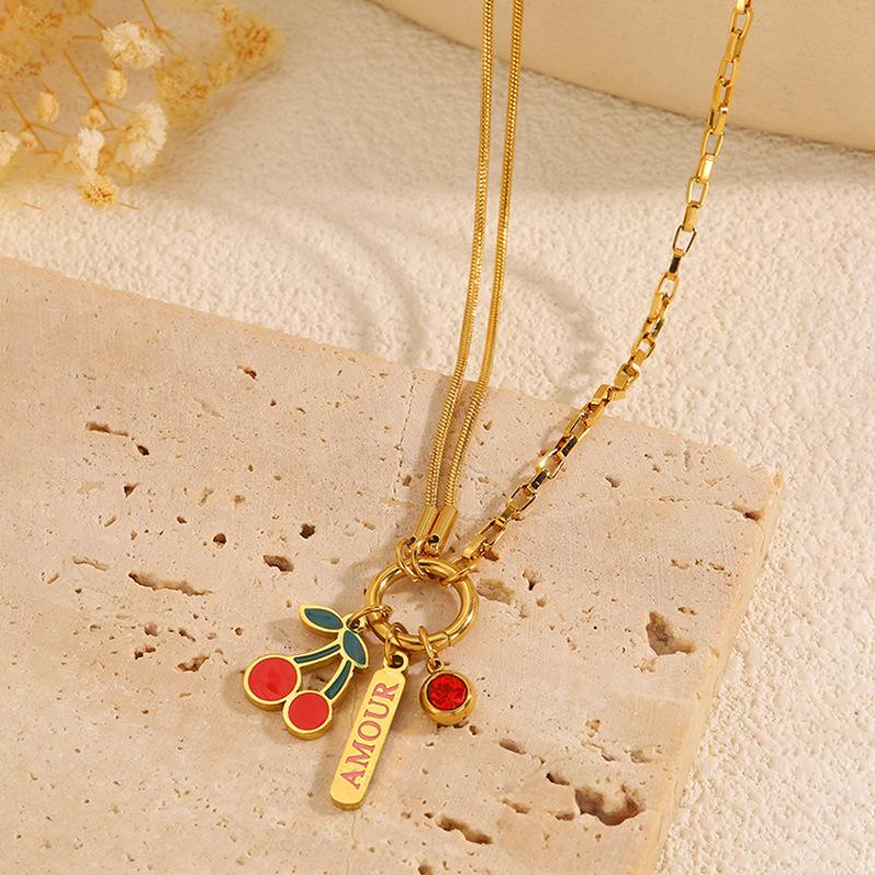 Fresh and sweet red cherry pendant necklace female non-fading light luxury niche double-layer oil dripping DIY jewelry necklace