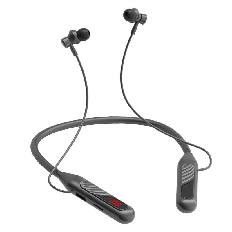 BT-8 Wireless Bluetooth Sports Neckband Headphones with Card Slot, Large Battery, Digital Display, and Noise Cancelling Feature.