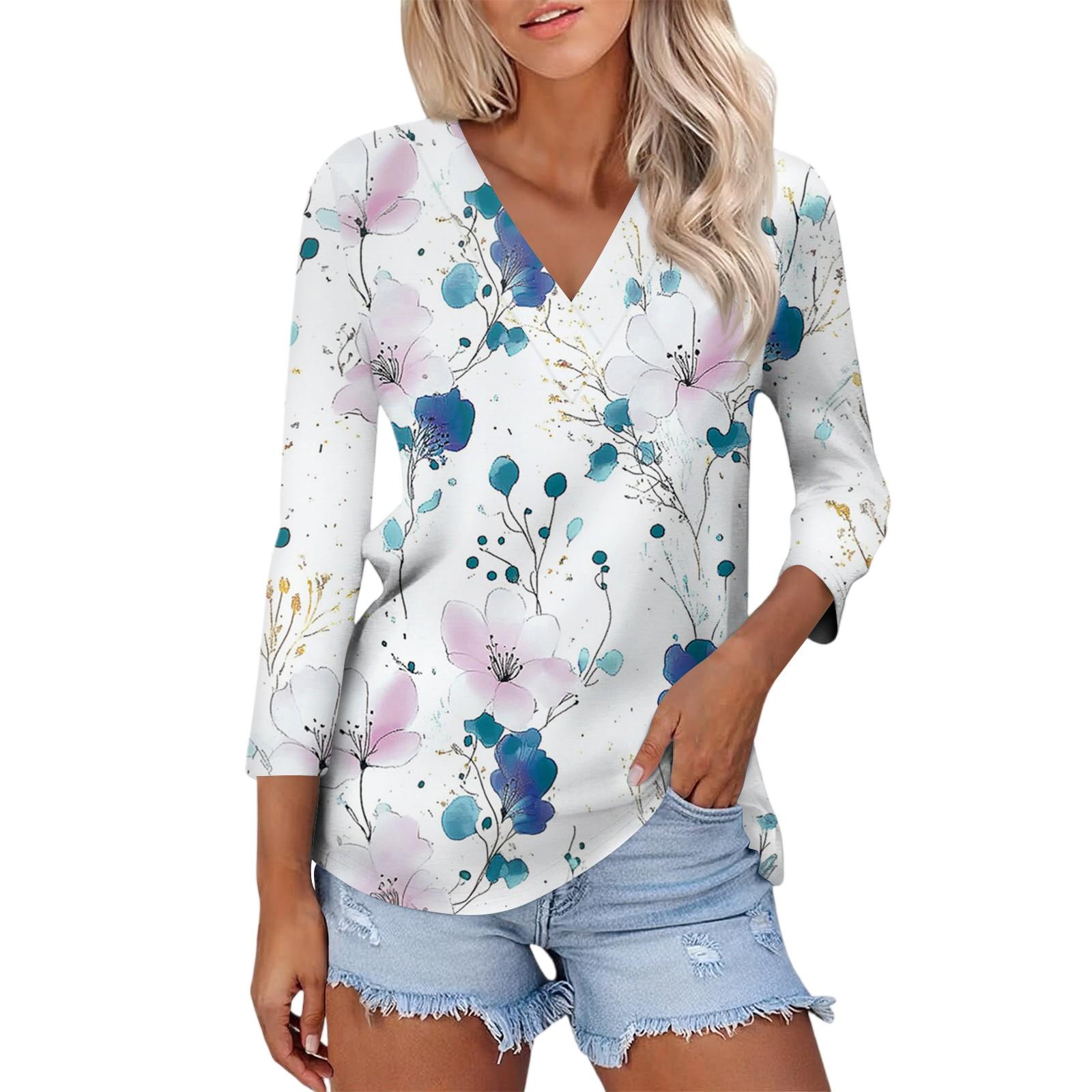 Women s Casual Fashion Sexy Comfortable V-neck Floral Three-quarter Sleeve Top XL