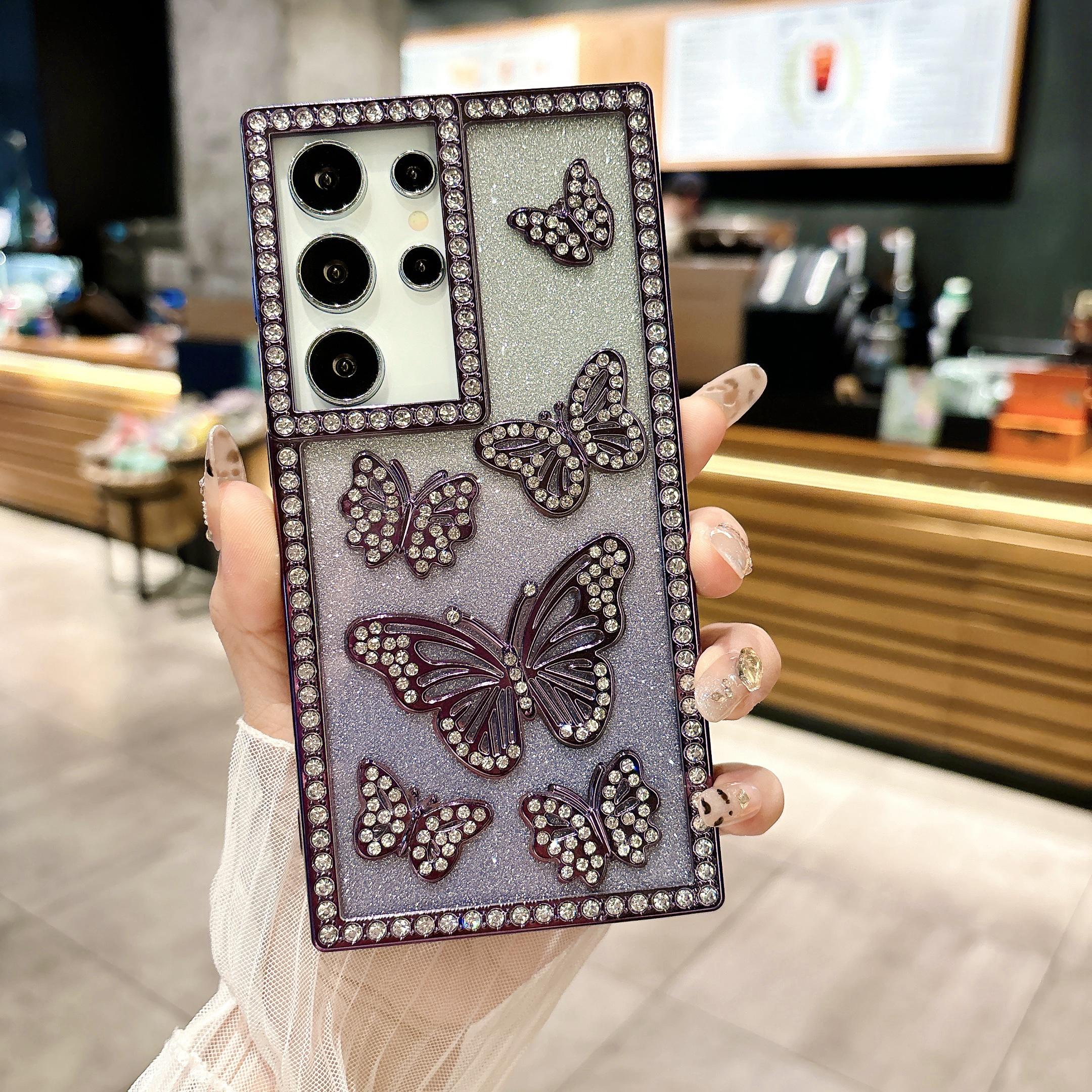 

For Samsung Galaxy S24 Ultra Case Rhinestone Butterfly Decor Soft TPU Phone Cover Purple