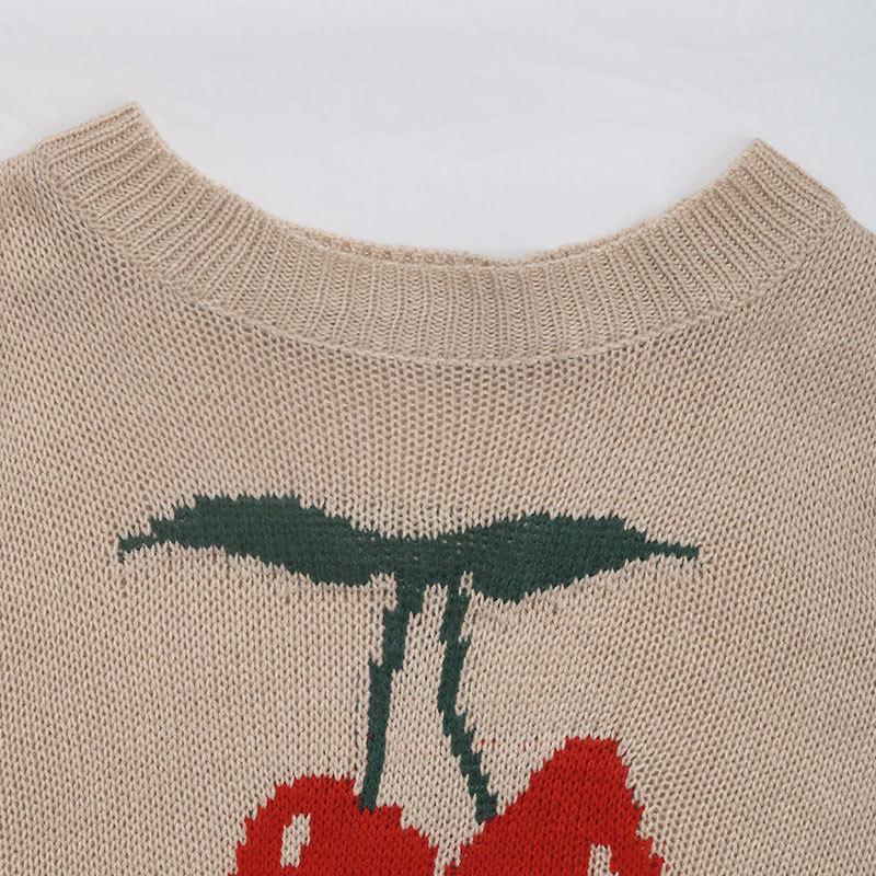 Autumn and Winter Women's Round Neck Cherry Pullover Sweater Valentine's Day Christmas Knit Sweater