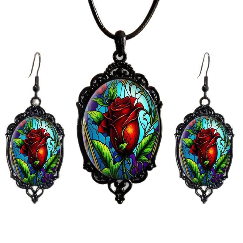 Flower Pattern Black Frame Glass Pendant Earrings, Necklace Set