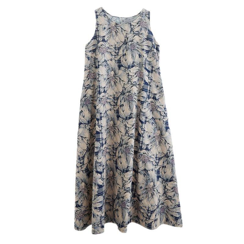 Real shot summer new large size retro literary loose printing sleeveless cotton and linen vest suspender long dress women