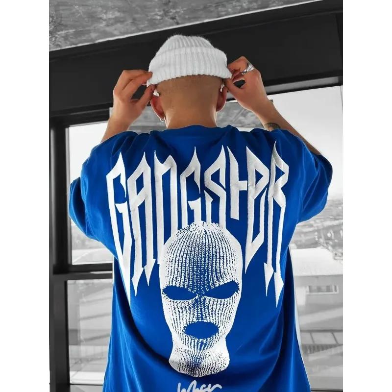 2025 Trendy High Street Masked Man Print Men's 100% cotton T-shirt, Oversized loose Harajuku short-sleeved top