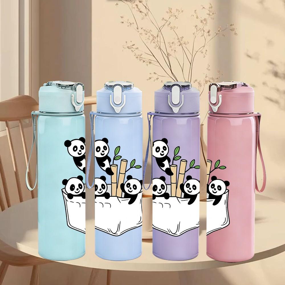 1PC Panda In Paper Bag Cartoon 750ml Color Plastic Sports Water Bottle Leakproof Flip Straw Lid Suitable for Sports Office Home Use