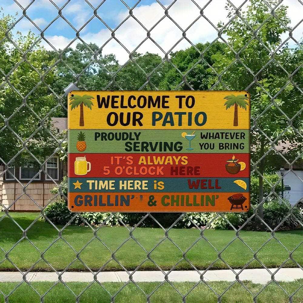 "Welcome To Our Patio" Rustic Metal Sign, Vintage-style Decor.