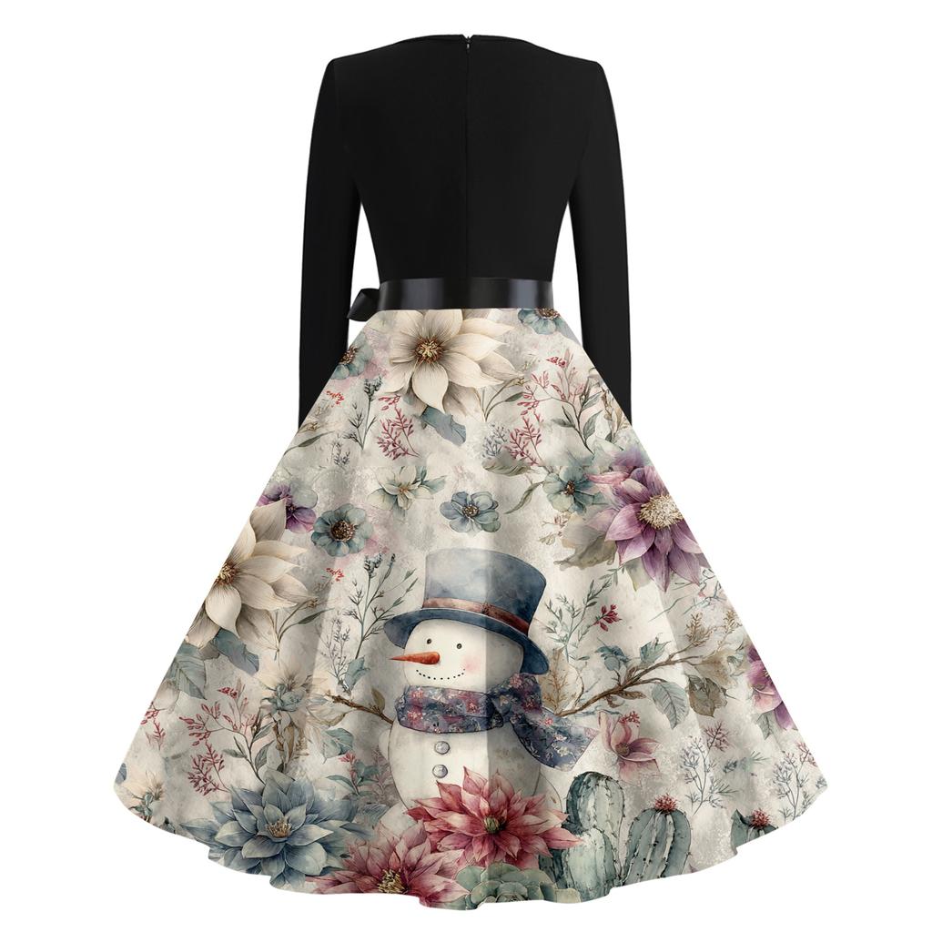 Ladies' Christmas Printed Casual And Fashionable V-neck Long Sleeved Dress