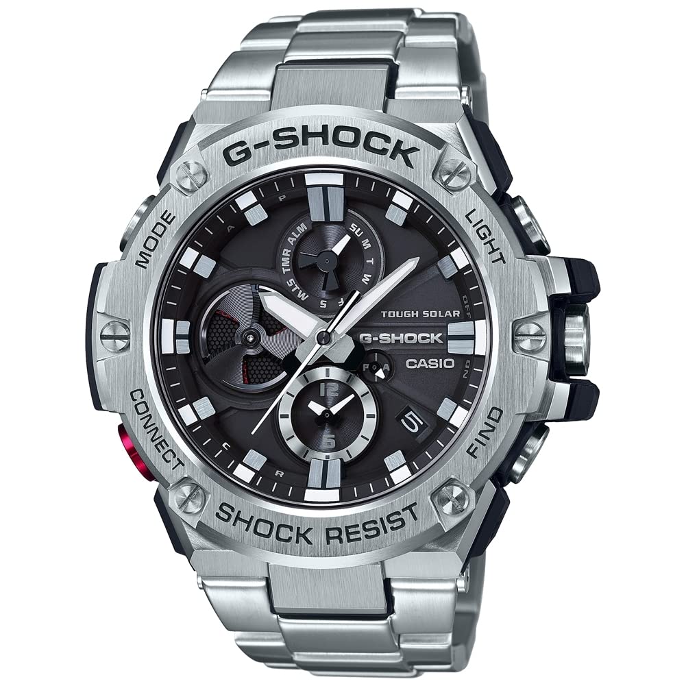 Casio Solar Gray Analog Dial and Silver Metal Bracelet Men's 54.00mm Watch, Strap, GST-B100D-1AER, Black, Bracelet, Black,