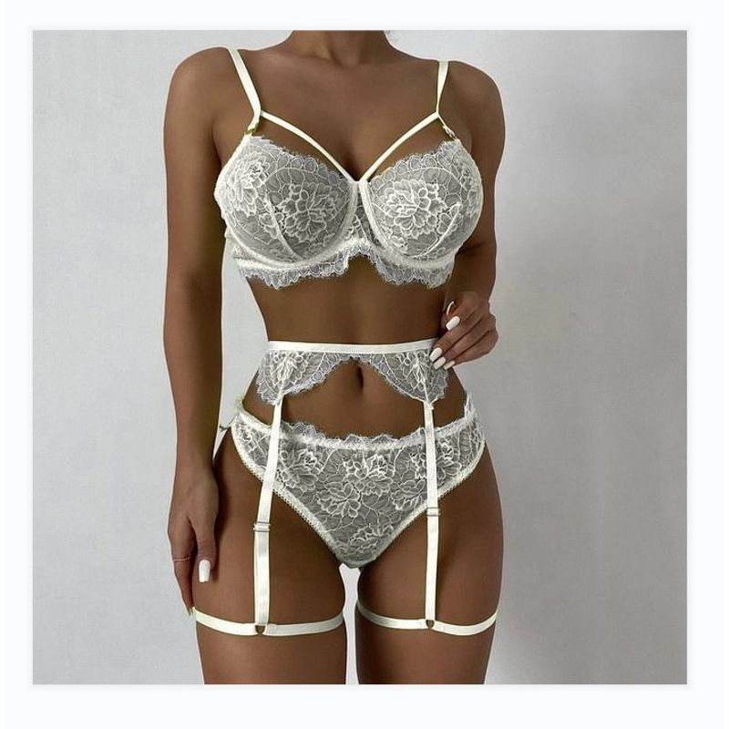 Sexy Lace Lingerie Three-Piece Set Sexy Women's Lace Pure Color Intimates Three-Piece Set