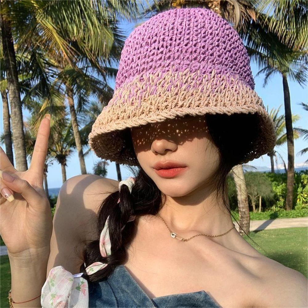 Handmade Women's Straw Hat Travel Bucket Hat Korean Beach Straw Cap  Outdoor