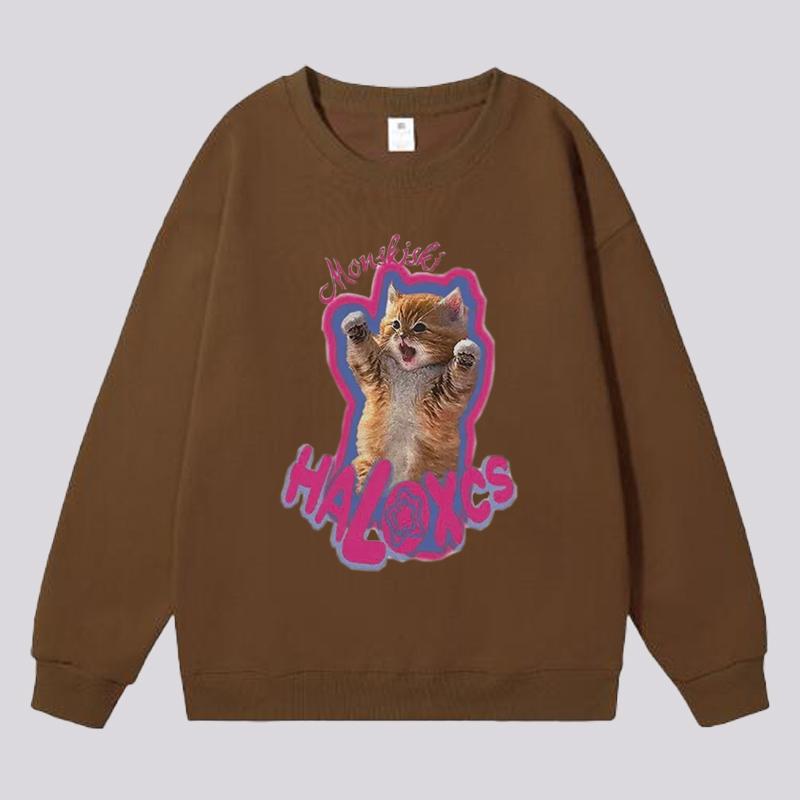 

2024 Женская мода Повседневная толстовка с длинным рукавом и круглым вырезом Милый топ с рисунком кота 3XL