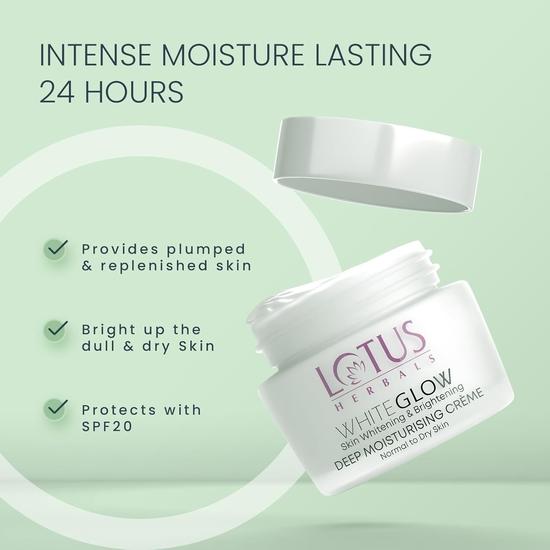 Crema idratante profonda WhiteGlow di Lotus Herbals, SPF 20, Crema viso per pelle secca, 60g