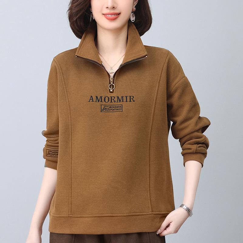 Women's High Neck Fleece Sweatshirt, Turn-Down Collar, 2024 Autumn/Winter, Petite, Thick Zip-Up Top for Moms