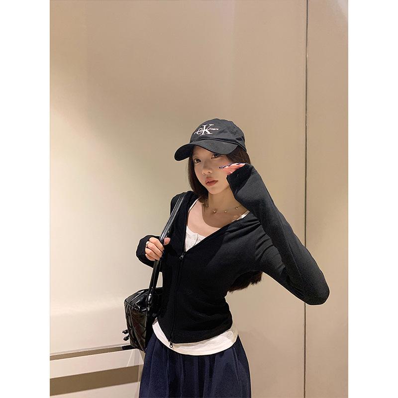 Korean Sweet & Spicy Women's Dark Blue Hooded Sweatshirt Jacket - Slim Fit, Double Zipper, Long Sleeve, Autumn Arrival