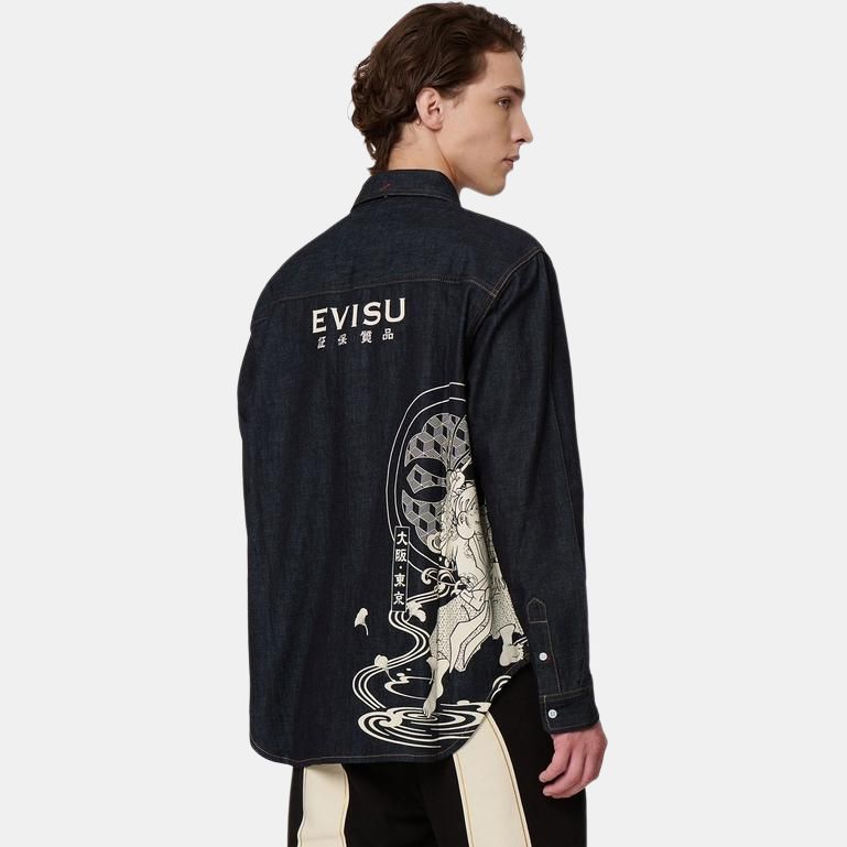 Evisu Fishing Letter Print Denim Shirt Men shirts Denim-Blue 2EAHTM2SL147RXDN
