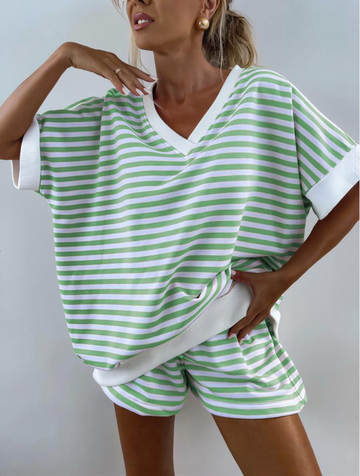 Women's Summer Striped V-Neck Two-Piece Set: Casual Loose Top & Sports Shorts