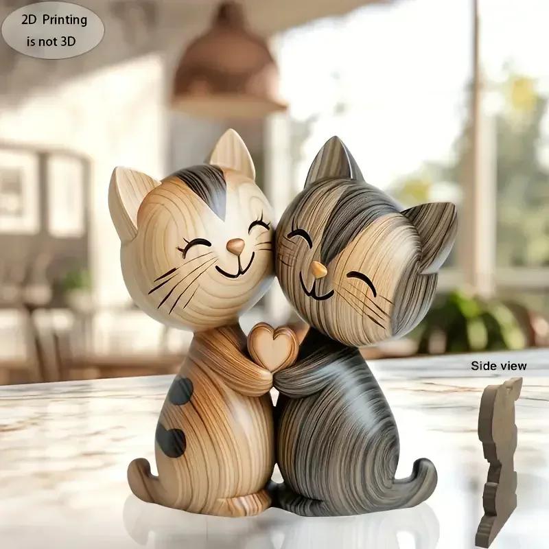 Minimalist 2D Flat Natural Wood Grain Cat Dog Rabbit Couple Figurine Home Tabletop Decor Lover Gift Wood Animal Figurine