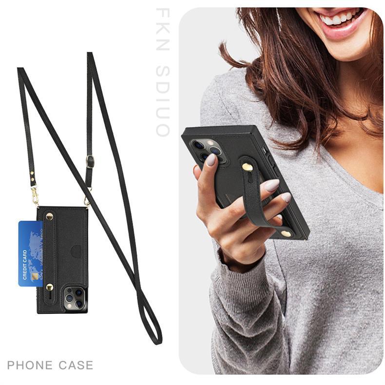 Suitable for Apple17promax Square wrist strap crossbody phone case iPhone16E Card-insert anti-drop protective leather case