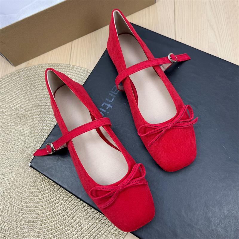 Fashion Flat Shoes for Women Suede Square Toe 2025 Spring and Autumn New Bow Flat Bottom Mary Jane Shoes Plus Size Women's Shoes 43 44