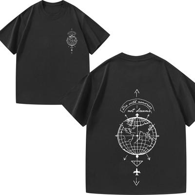 Mens Tshirt Black Globe Compass Printed Pattern Casual Daily Wear Travel Outfit Top Quality Cotton Tee Shirts for Men Summer