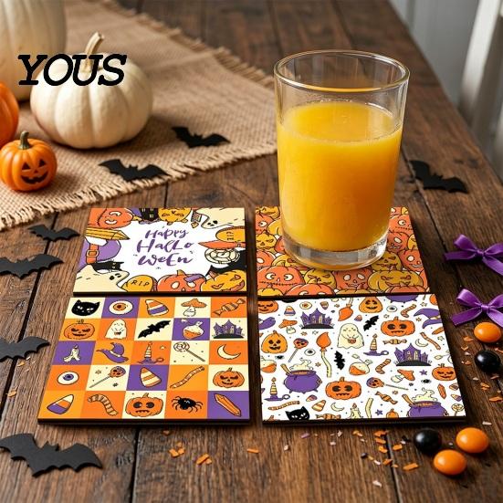 Halloween Wooden Coasters 4Pcs Coasters, Spooky Ghost Skull Design Drink 2D Heat-Resistant Practical Holiday Housewarming Gifts Round Mats for Coffee