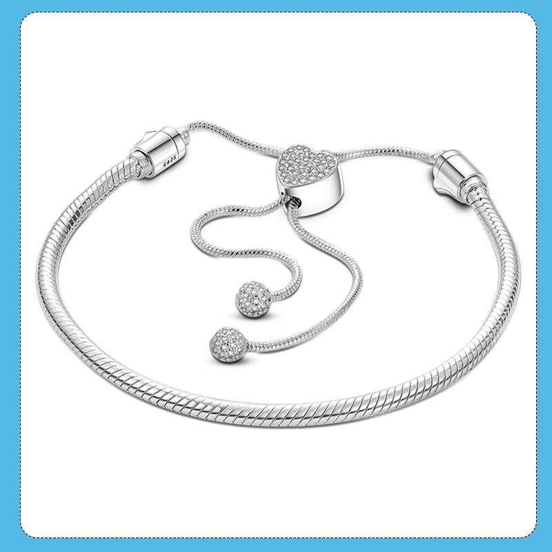 

Браслет-слайдер с застежкой в ​​виде сердца и змеиной цепочкой, браслет-слайдер из серебра 925 пробы со змеиной цепочкой для женщин, ювелирные изделия