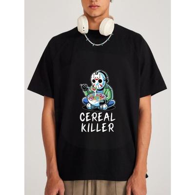 Baumwoll-T-Shirt Weiß Jason Voorhees isst Müsli mit Text Cereal Killer Horrorfilm-Parodie-Design für Freizeitkleidung und Halloween-Party
