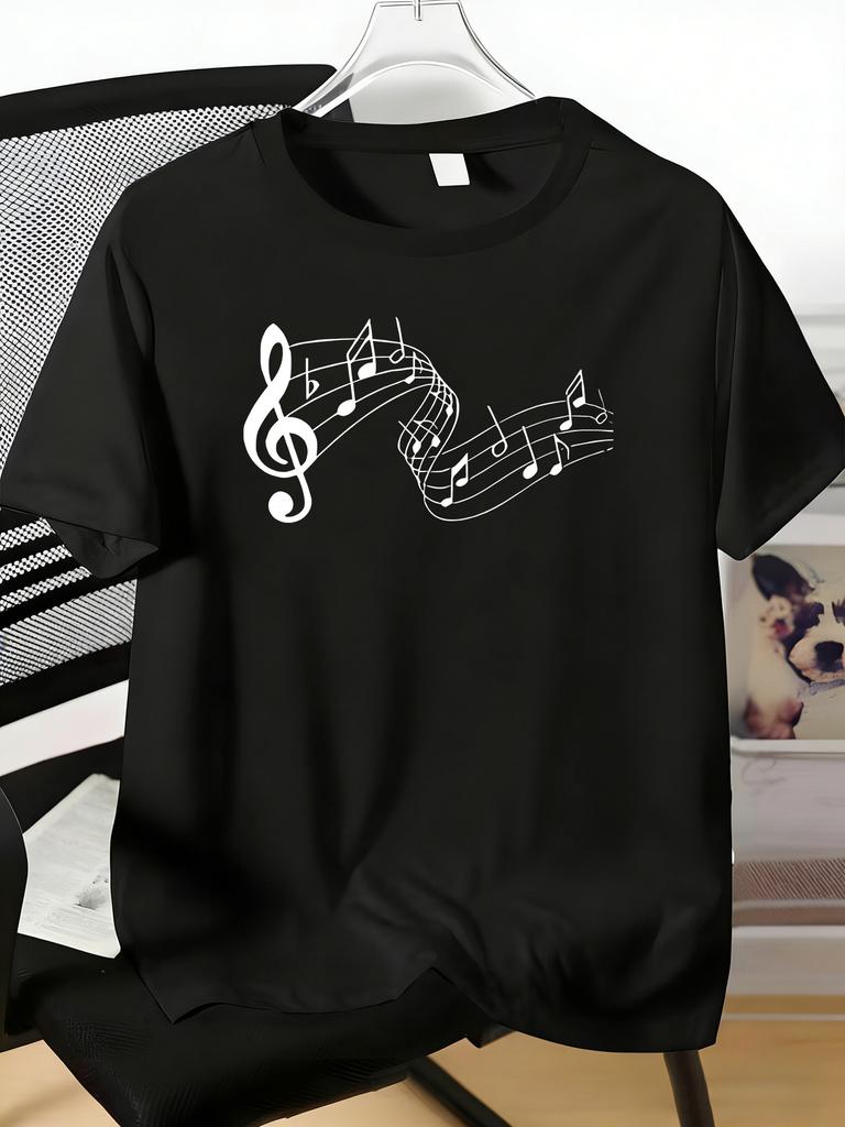 Mens Tee Elegant Music Note Staff Graphic Print Cotton Short Sleeve Male Casual Streetwear Outd