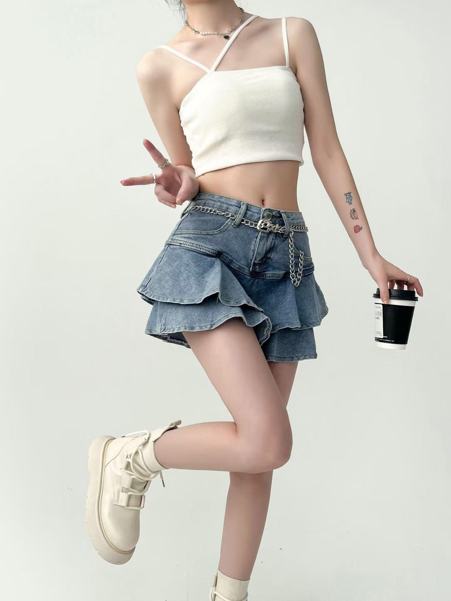 

Женская джинсовая мини-юбка с высокой талией и оборками - Летняя А-силуэта облегающая с хвостом XL: Height 155-165CM (61kg-66kg)