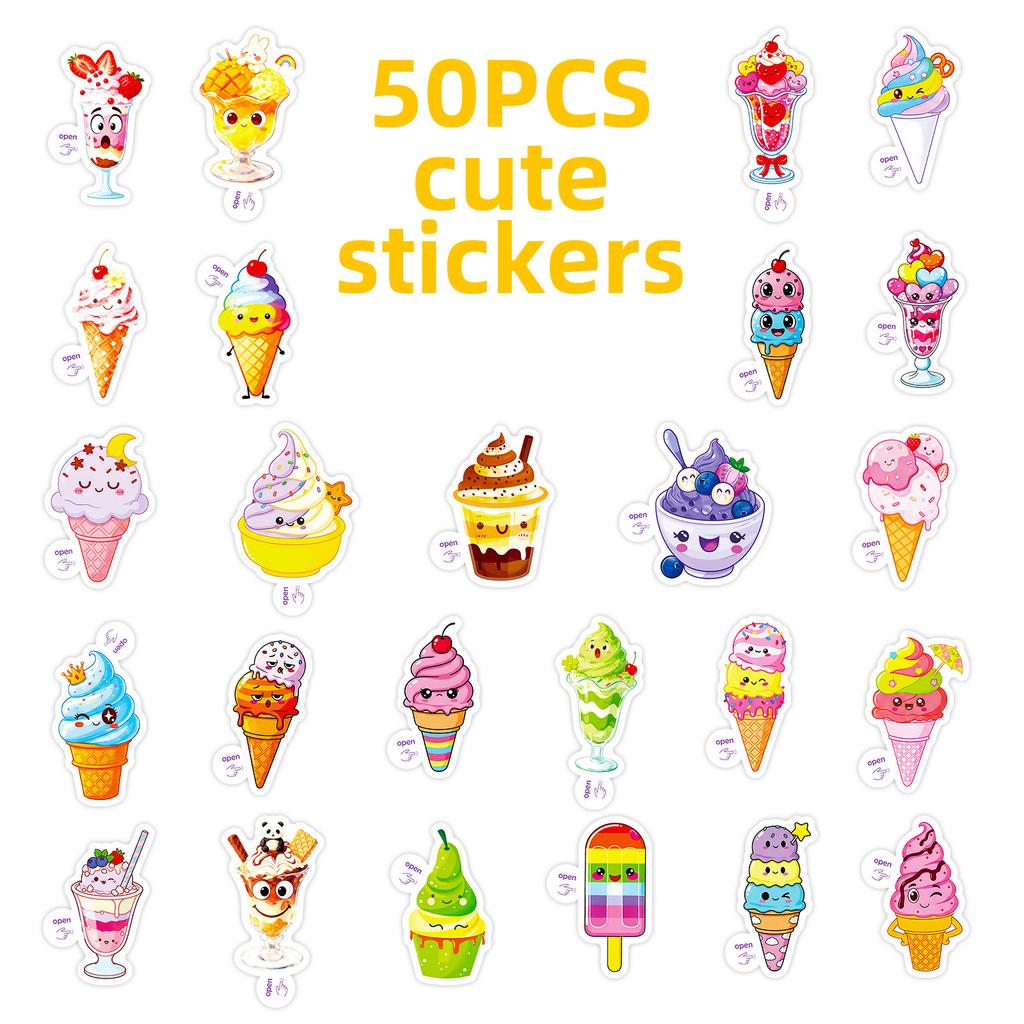 50 Cartoon Ice Cream Desserts Cute Expression Graffiti Stickers Easy To Tear Small Handle Suitable For Children Hand Stickers